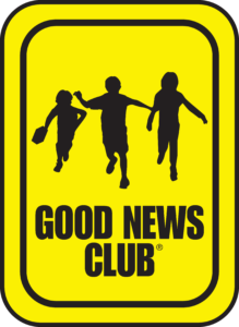 Three silhouetted children on yellow background, with text below that reads "Good News Club".