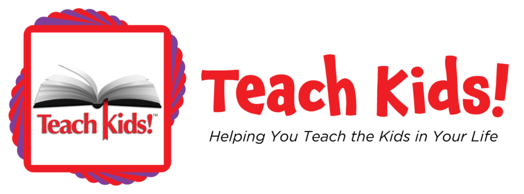 Teach Kids logo inside spiraling colorful border, "Teach Kids! Helping You Teach the Kids in Your Life"
