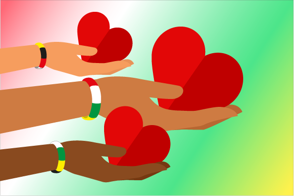 Multi-ethnic arms reaching out with red hearts, with "Wordless Book" wristbands around their wrists.