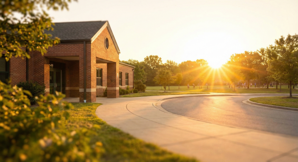 A high-quality, warm-toned photograph of a suburban school entrance with a path leading toward a lush green park. The sun is shining, symbolizing hope and the 'Good News' mission. Cinematic lighting, soft focus background.
